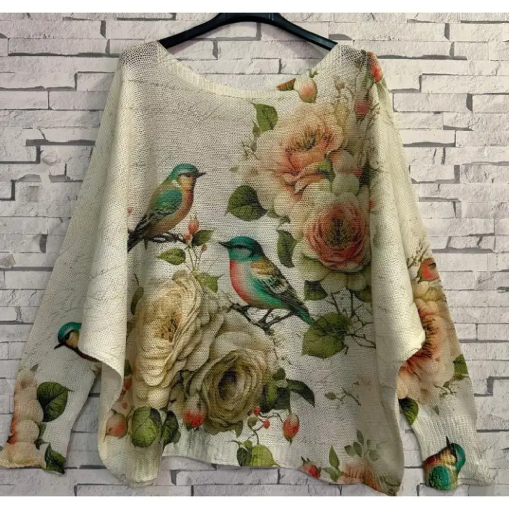 L96 LS Loowie Beige Birds Round Neck Knit Printed Sweater One Size
